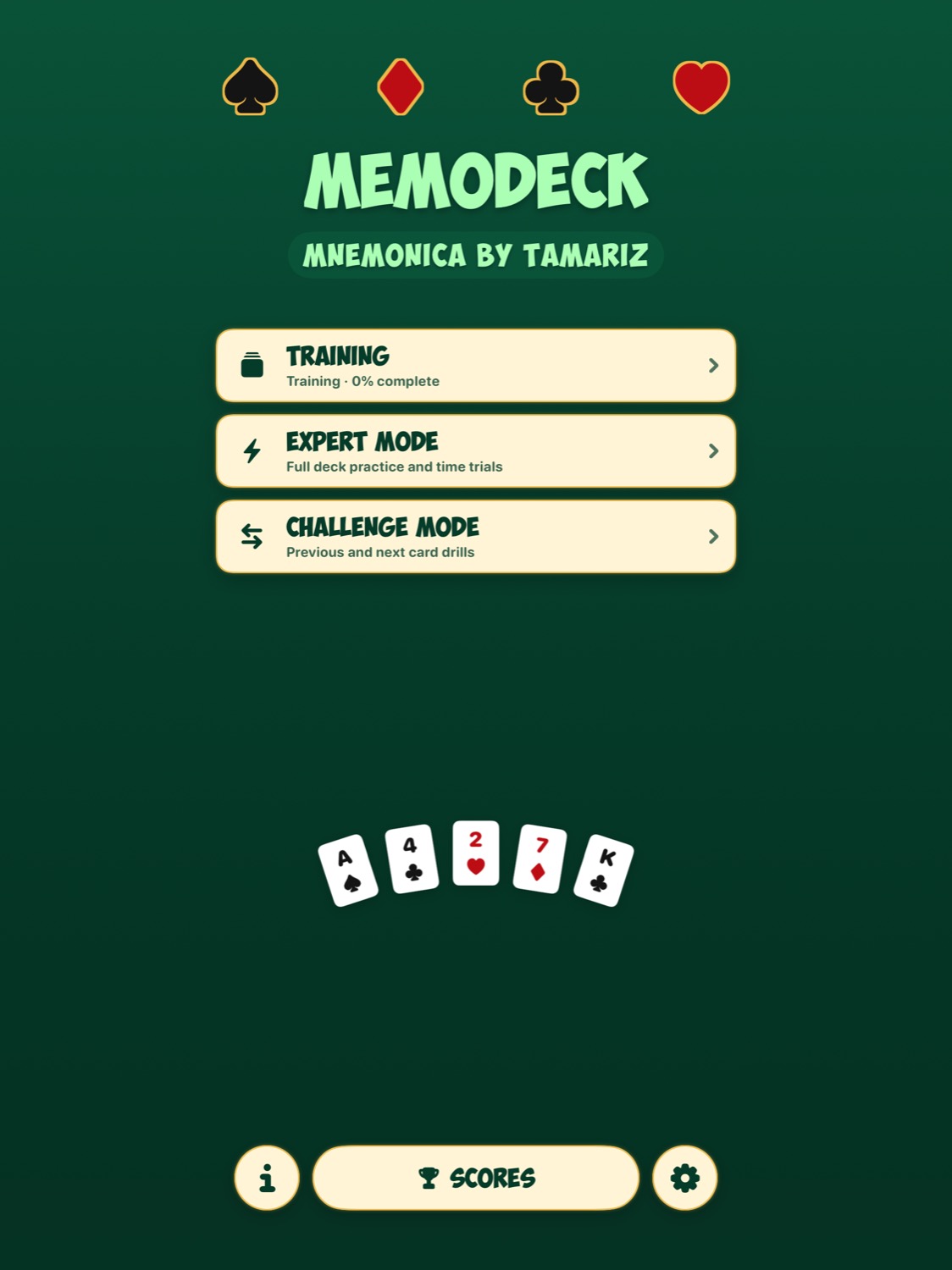 MemoDeck iPad screen showing the main training menu