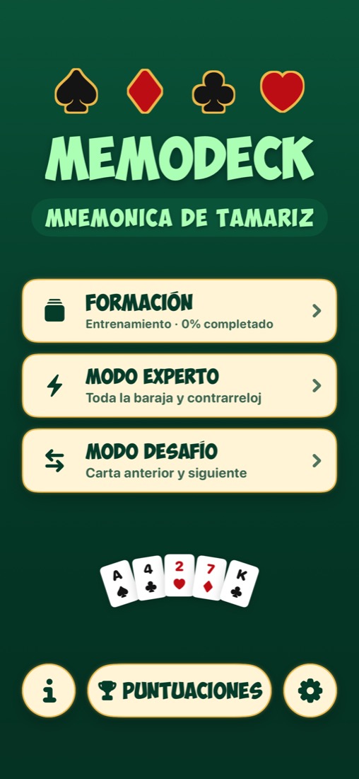 Pantalla de iPhone de MemoDeck con Formación, modo Experto, modo Desafío y Puntuaciones