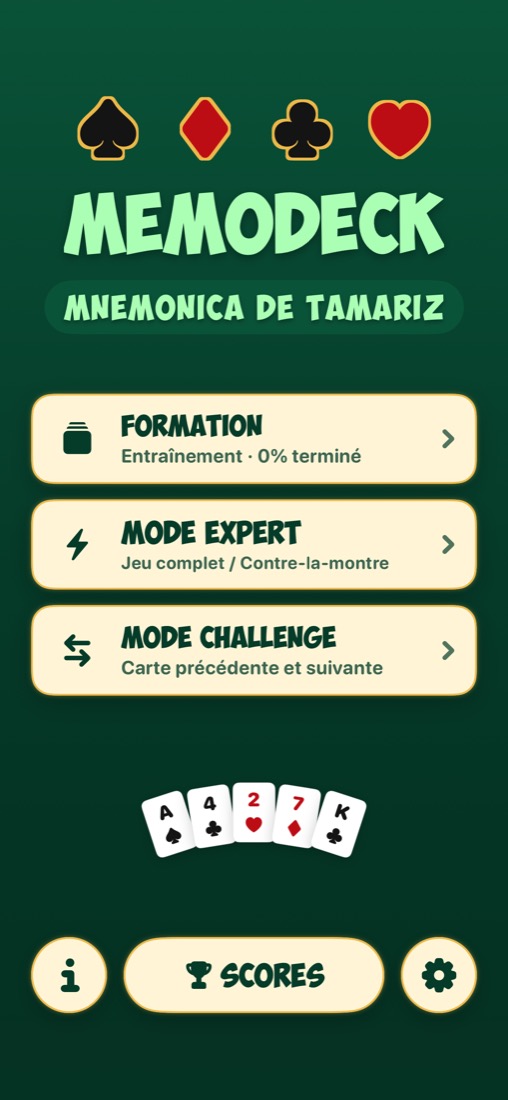 Écran iPhone MemoDeck avec Formation, mode Expert, mode Challenge et Scores